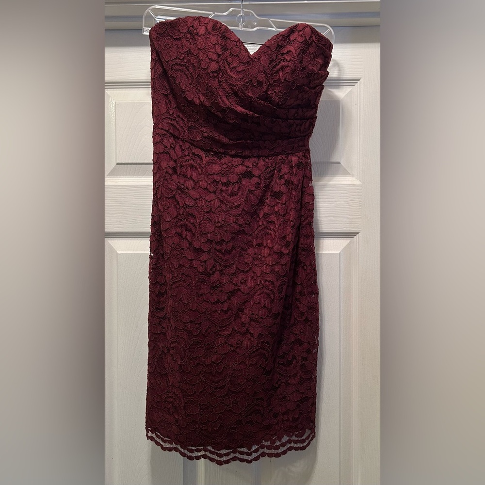 David's Bridal Strapless Burgundy Lace Dress